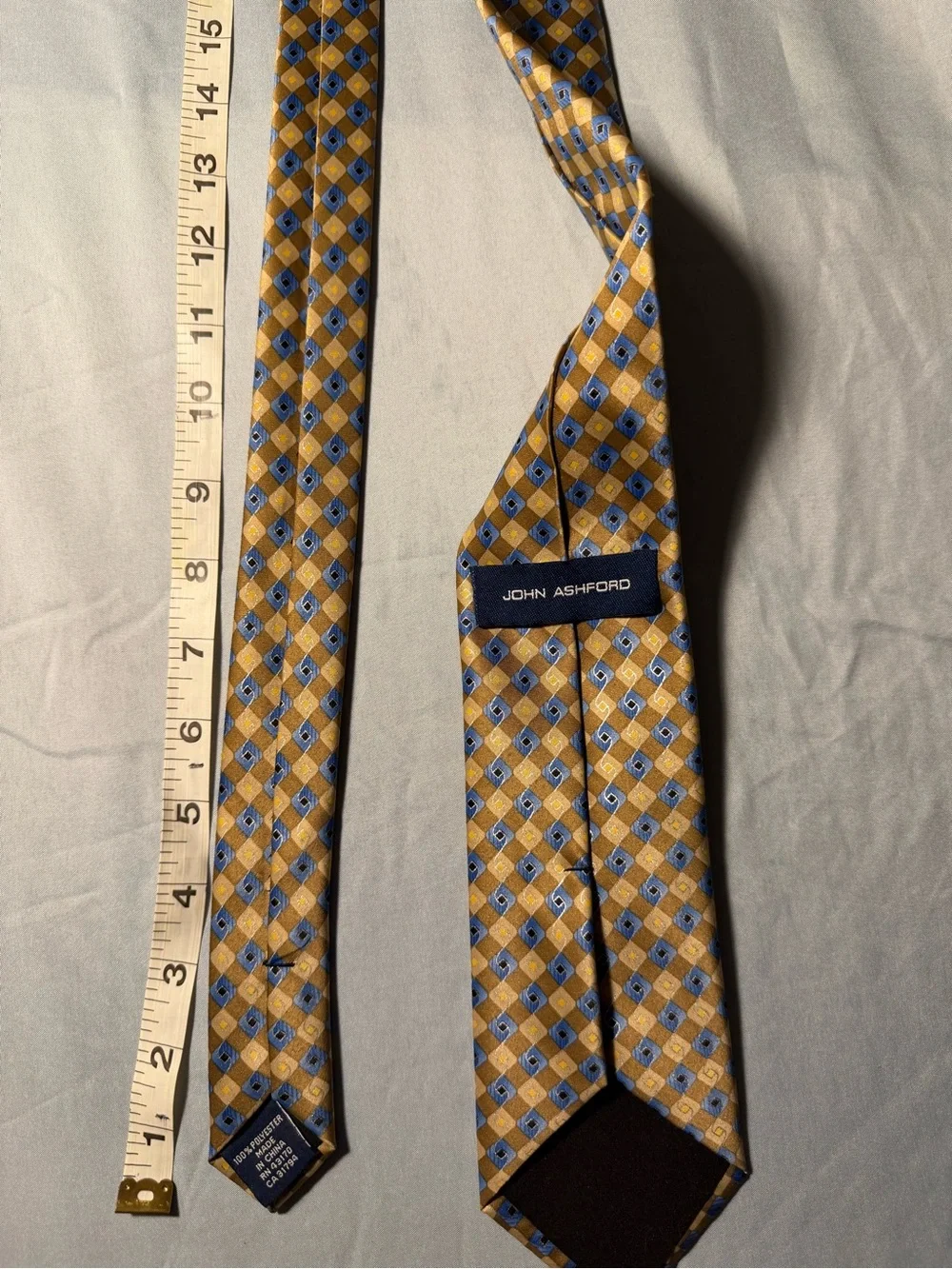 John Ashford Mens Gold and Blue Geometric Silk-Feel Tie